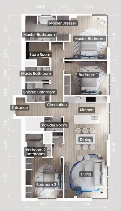 3 BR floor plan