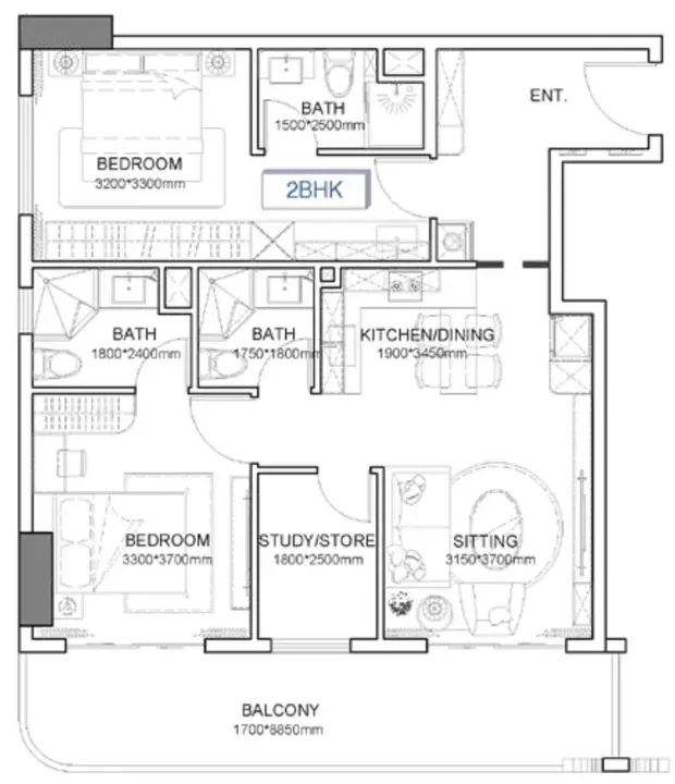 2 BR floor plan