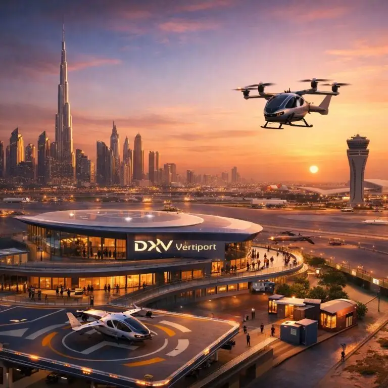 مهبط DXV العمودي: شبكة التاكسي الطائر في دبي تنتقل من المفهوم إلى الواقع 1 مهبط عمودي مستقبلي خلف أفق المدينة