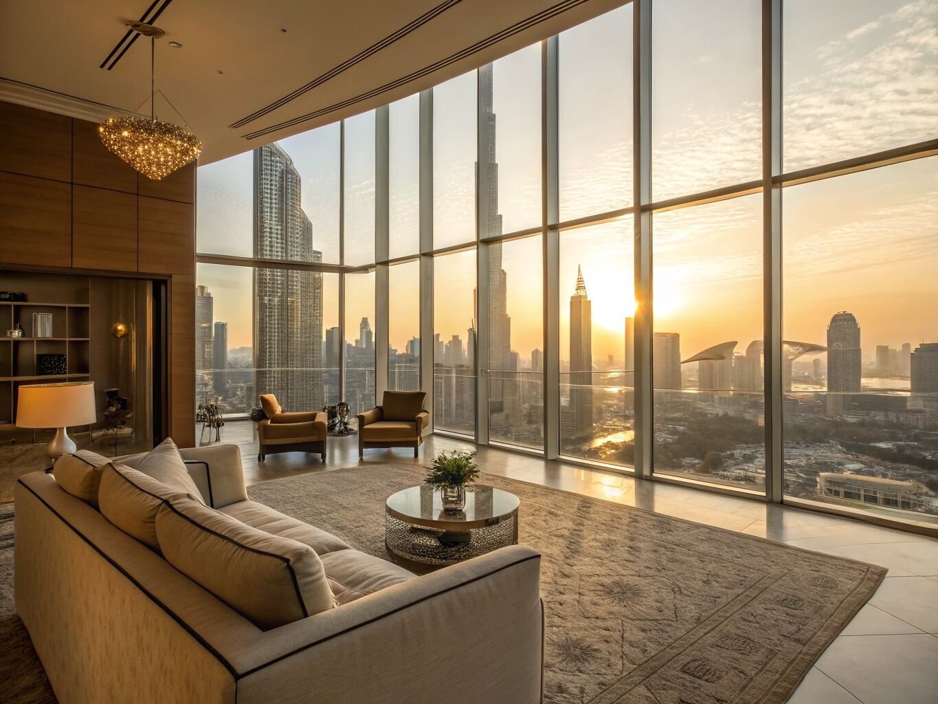 Elegant Dubai apartment interior staged for sale with a skyline view