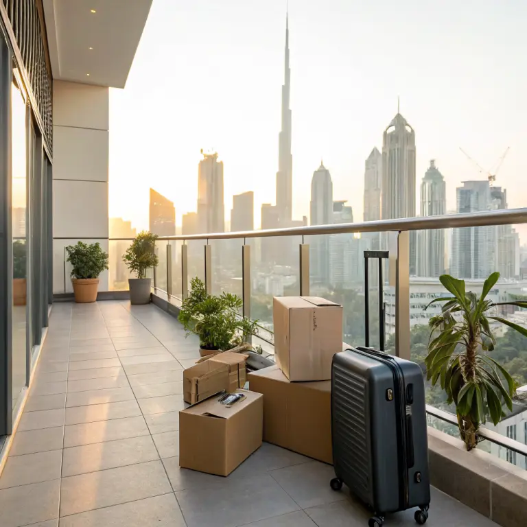 Moving boxes on a Dubai apartment balcony