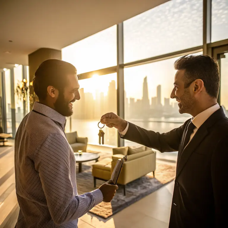 Real estate agent handing over keys to a smiling owner