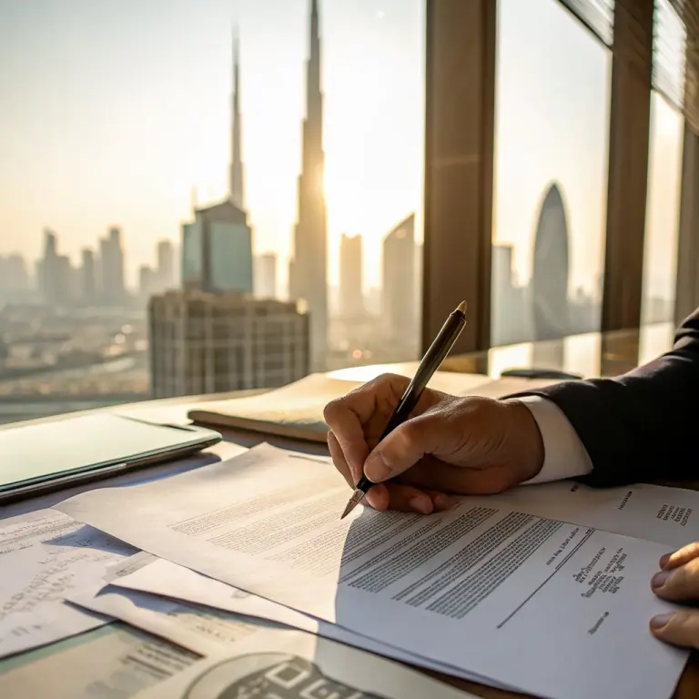 Signing property documents with a Dubai skyline view