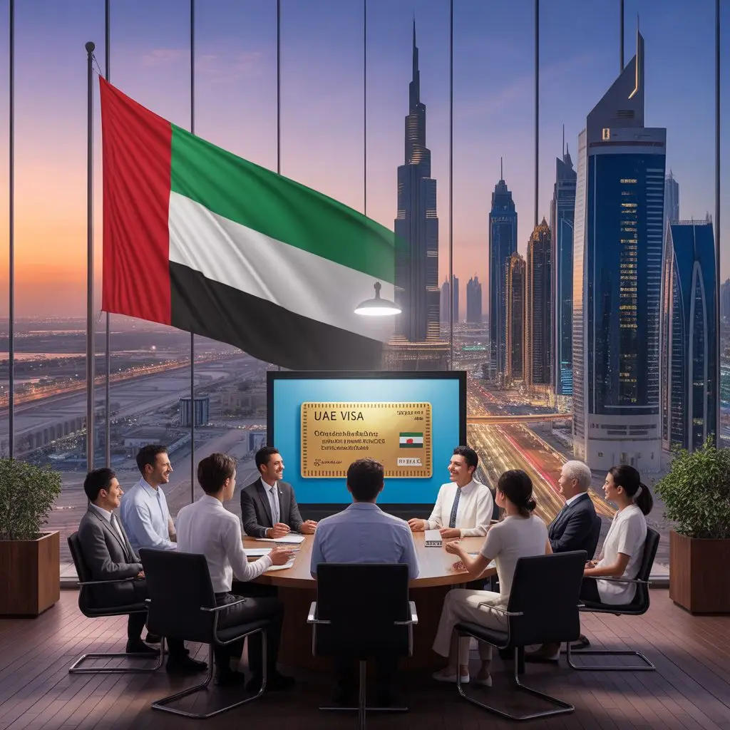 Business meeting with UAE visa backdrop.
