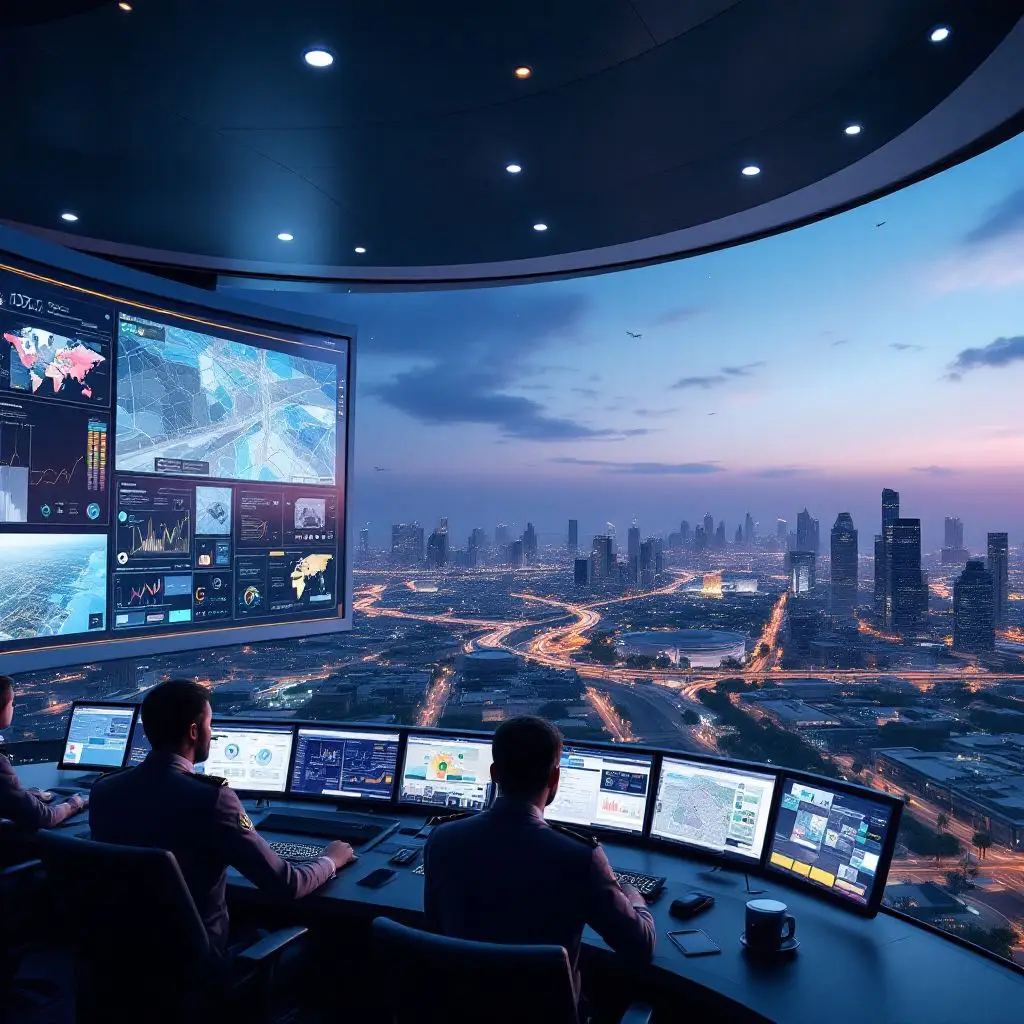 High-tech control room overlooking city