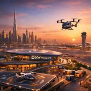Futuristic vertiport with skyline backdrop
